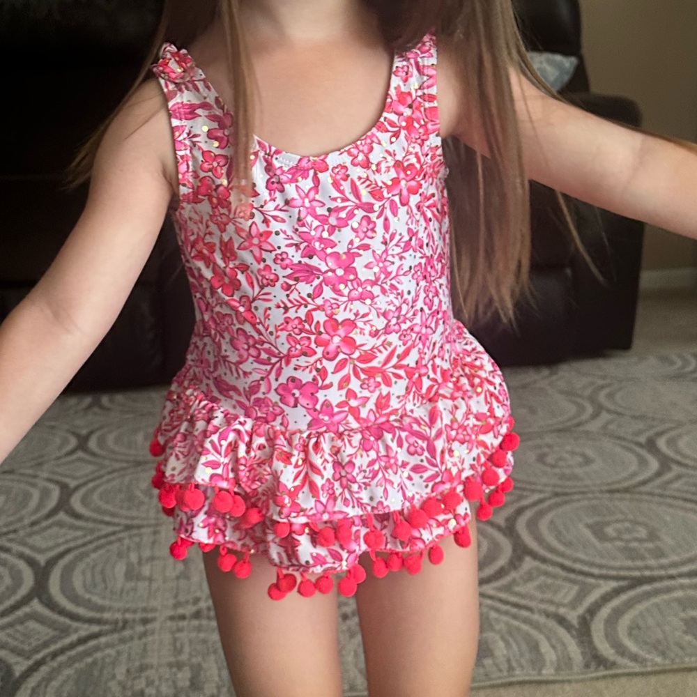 Nicole‎ Miller toddler one piece swim suit vibrant pink floral Pom Pom skirted